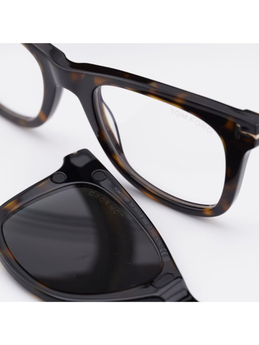 Tom Ford FT5970-B 052 Square Eyeglasses 50mm - Havana / Clear with Green Clip-on - Picture 3 of 9